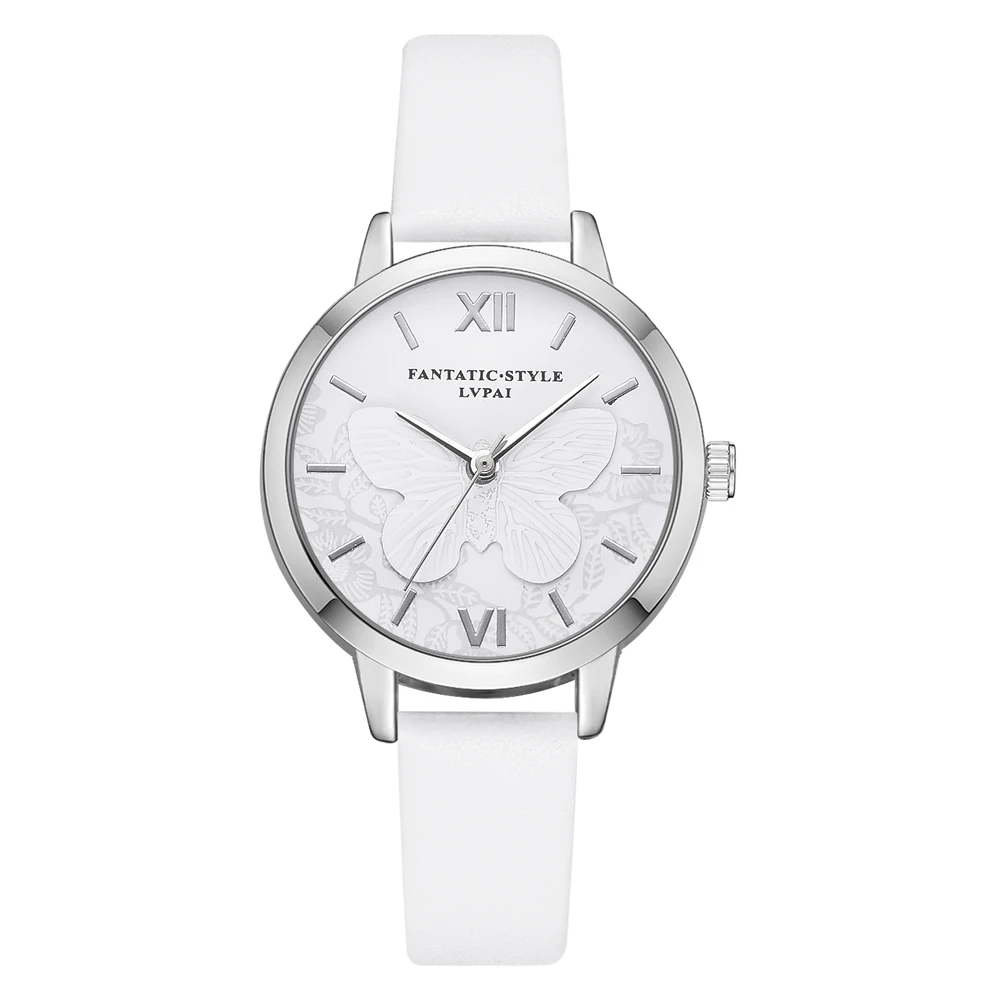 

Lvpai Brand Ladies Watches Leather Strap Embossed Butterfly Women Watch Silver For Friend Creative Simple Sports Clock