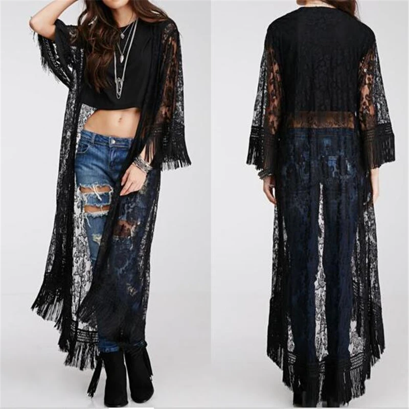 Black lace beach dresses hollow out cover ups long swimming dress