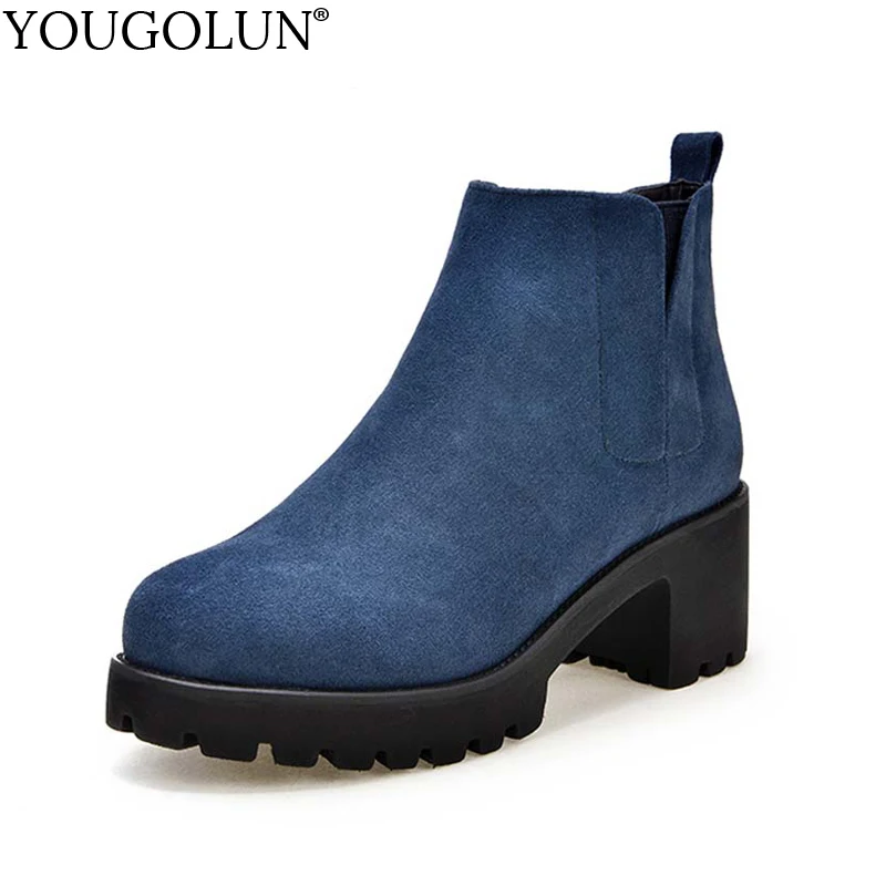 

YOUGOLUN Women Ankle Boots Genuine Nubuck Leather 2018 Autumn Cow Suede Square Heel 6 cm High Heels Blue Platform Shoes #Y-216