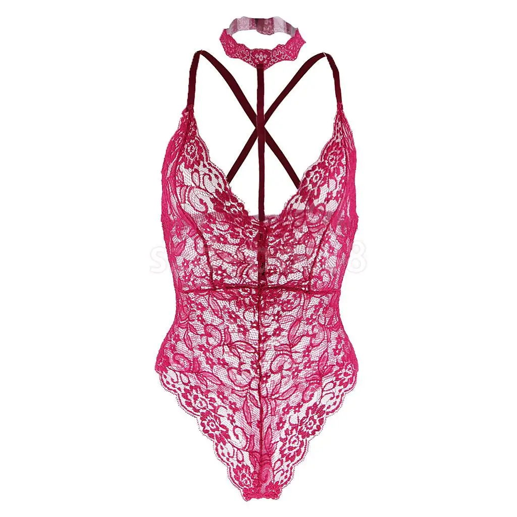 Sexy Women Lace Bodysuit One Piece Choker Teddy Lingerie Babydoll Lace Tops Red/Black