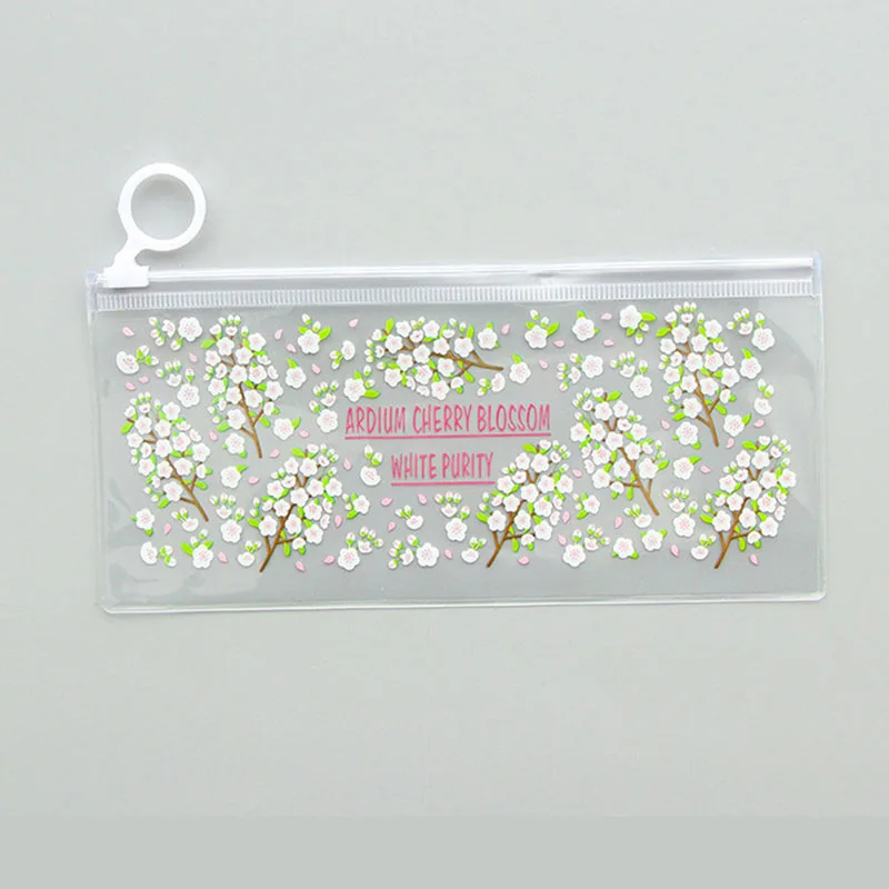 Kawaii Transparent Flowers Animals Pattern Pencil Bag PVC Waterproof Pen Case Pouch Cute box Stationery School Office Supplies - Цвет: White flowers