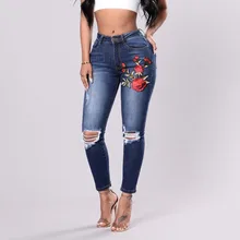 Вышивка высокой талией женские джинсы скинни Винтаж рваные Фредди Штаны стрейч карандаш женские нижние эластичные джинсовые брюки mujer