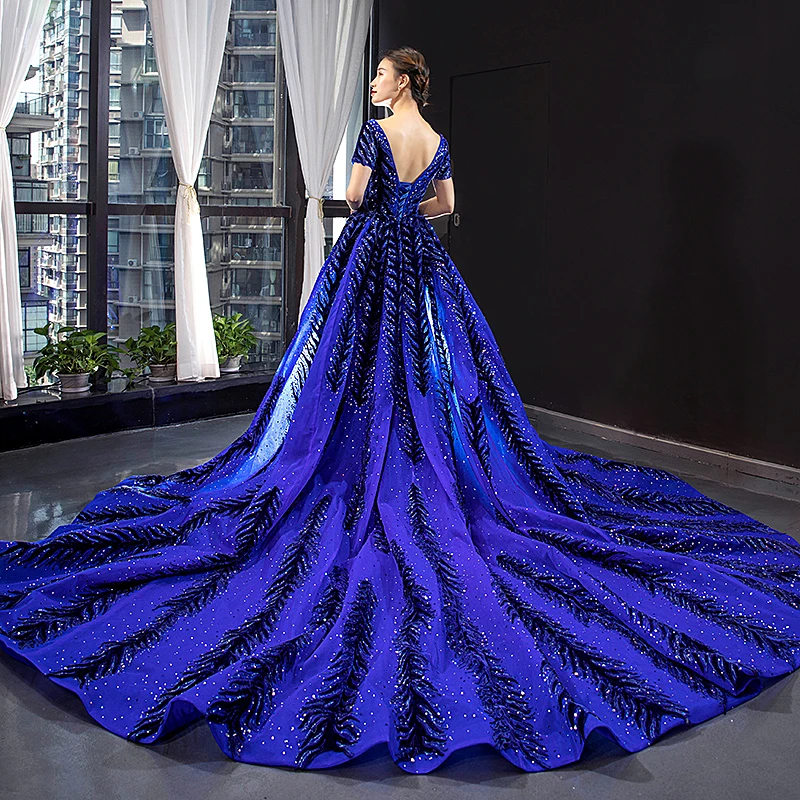 2 Piece Royal Blue Dubai Saudi Arabia Luxury Sequined Sparkle Mermaid Evening Dresses Short Sleeve Beading Evening Gowns Kaftan