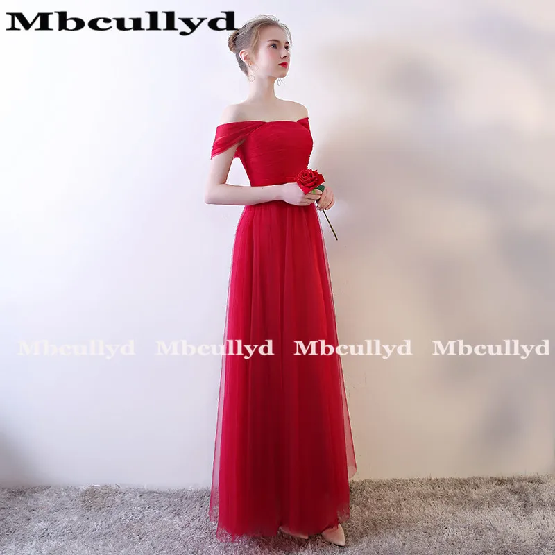 Mbcully красные тюлевые Платья для подружек невесты для женщин ТРАПЕЦИЕВИДНОЕ ПЛАТЬЕ с открытыми плечами для свадебной вечеринки robe hond'honneur