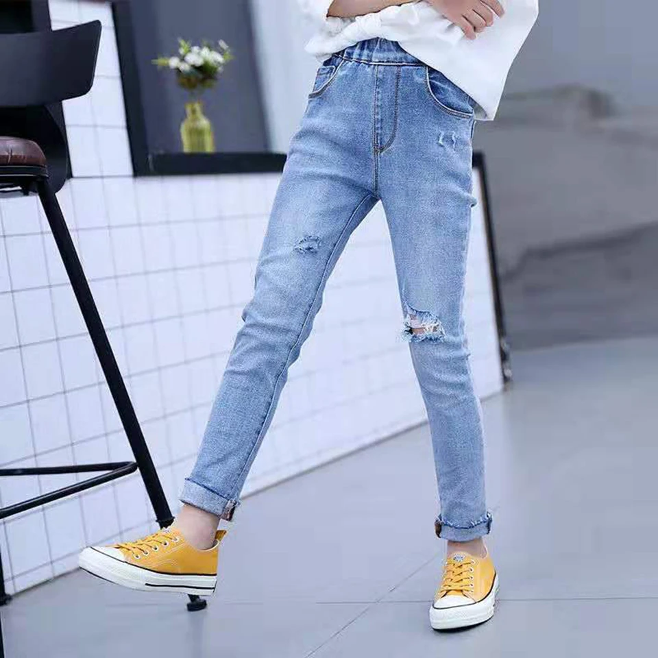 Fashion Autumn Casual Girls Soft Jeans Cotton Children Skinny Denim Pants Kids Girls Clothes Warm Elastic Waist Trousers