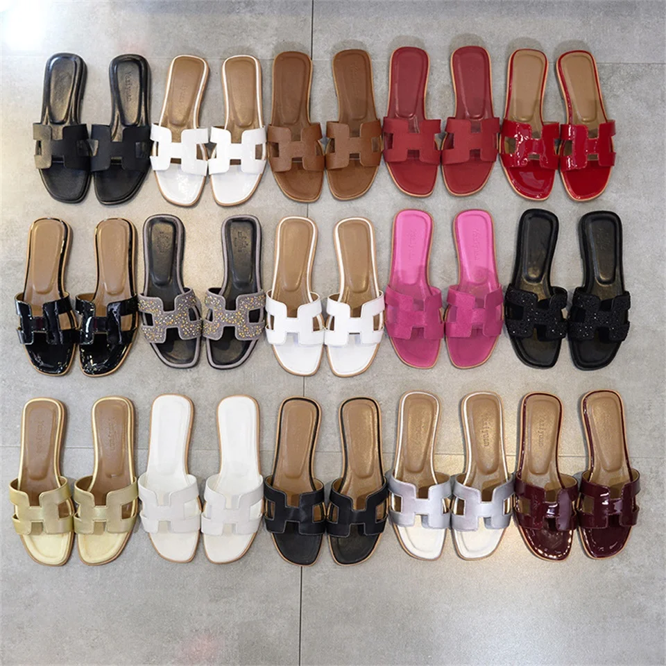 

2018Summer fashion H women slippers ladies luxury designer sandals real cowhide shoes flat shoes slippers women