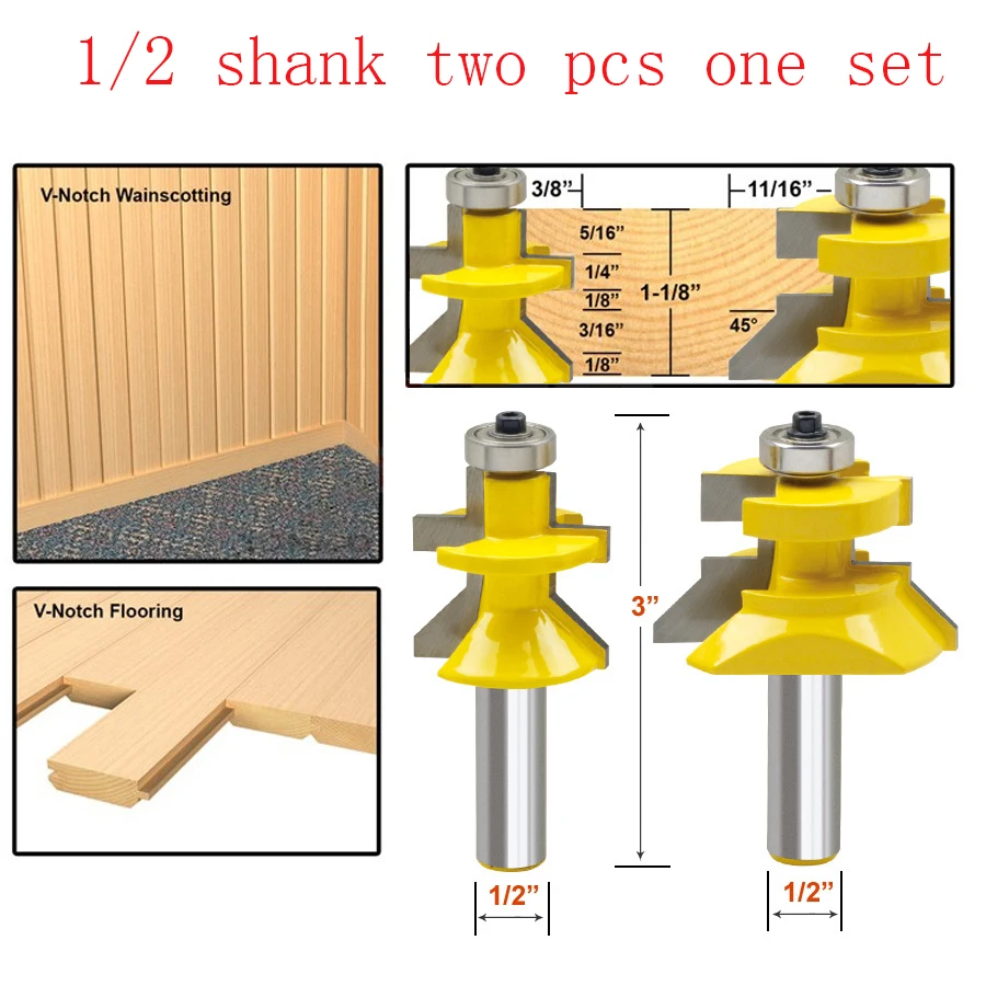 2pc 1/2" Shank V Groove & Matched Tongue Router Bit Set w/ premium ball bearings Woodworking cutter