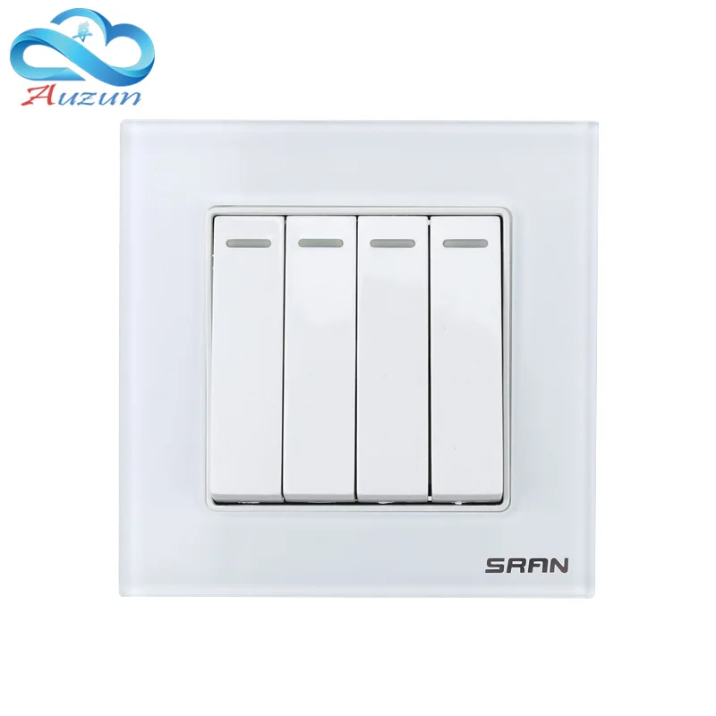

Electric four position single-control switch type 86 toughened glass power socket panel with fluorescent switch
