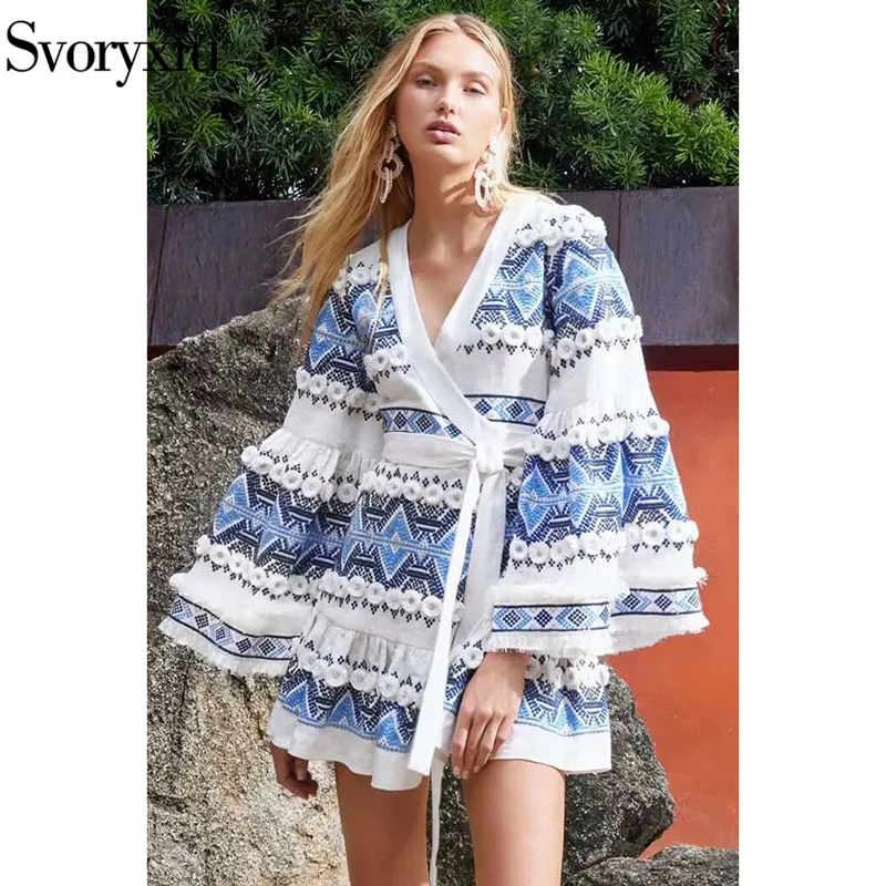 

Svoryxiu Elegant Blue White Embroidery Party V-Neck Mini Dress Women's Big Flare Sleeve Summer New Runway Ramie Dress