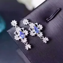 Натуральный Синий танзанит Висячие серьги 925 Серебряный натуральный драгоценный камень серьги для женщин элегантные модные серьги с подвеской в виде цветка для вечерние