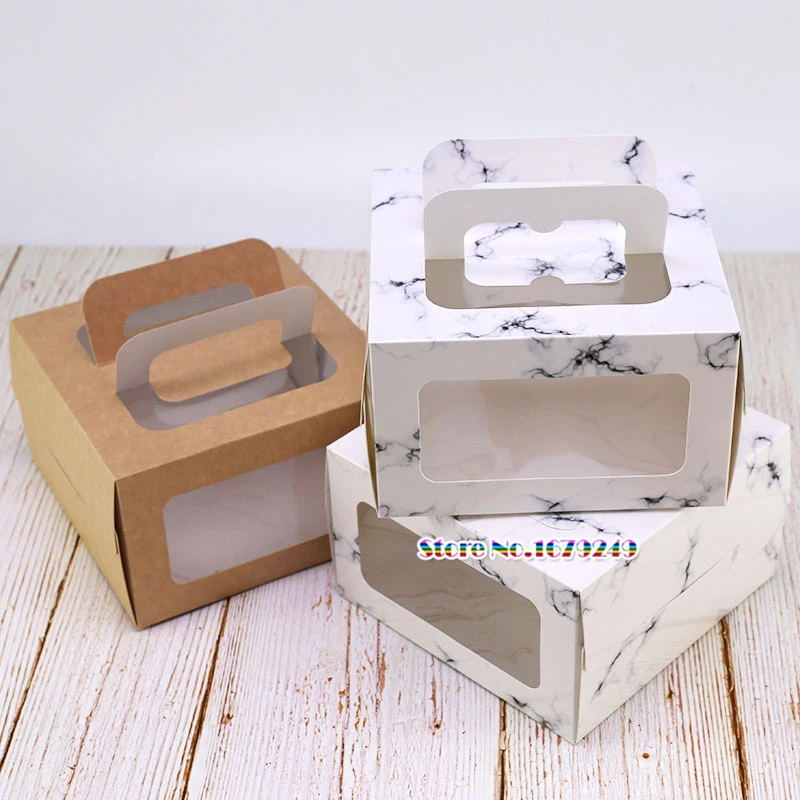 

16x16x9.5cm Marble paper cake box with window handle, Kraft paper cheese cake box home Party supply boxes 100pcs/lot
