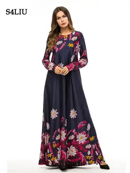 

Women Muslim Dress Floral Long Sleeve Abaya Islamic Party Cocktail Dubai Gown