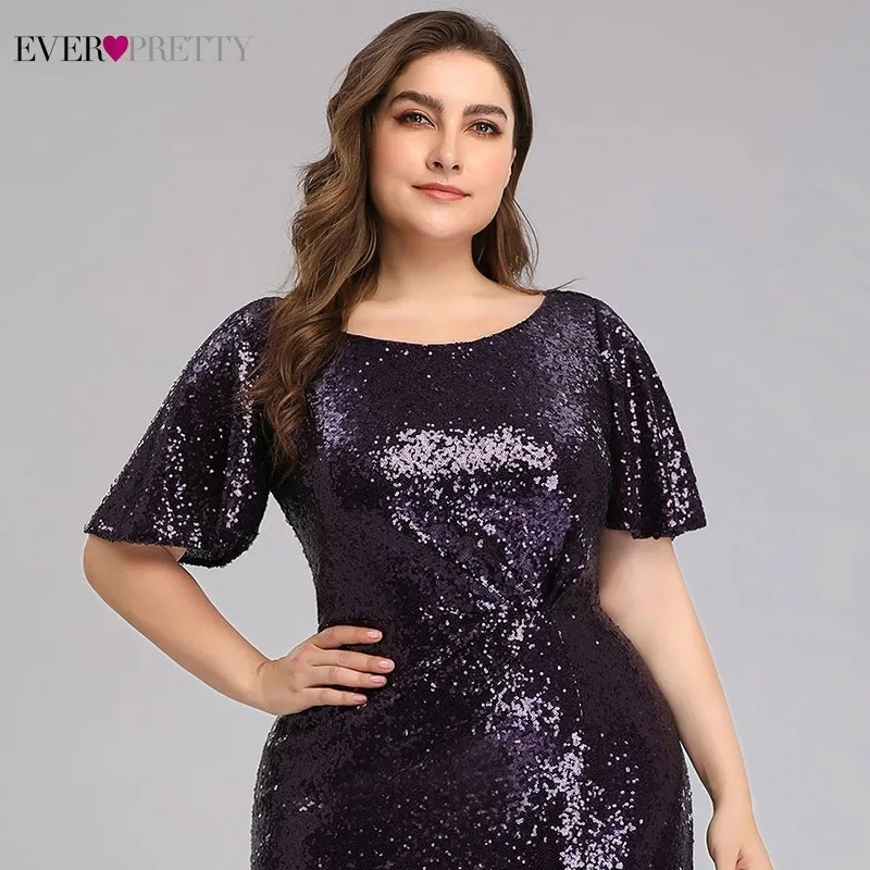 Plus Size Dark Purple Mermaid Prom Dresses Ever Pretty Sequined O-Neck Short Sleeve Sexy Party Dresses Vestidos De Gala