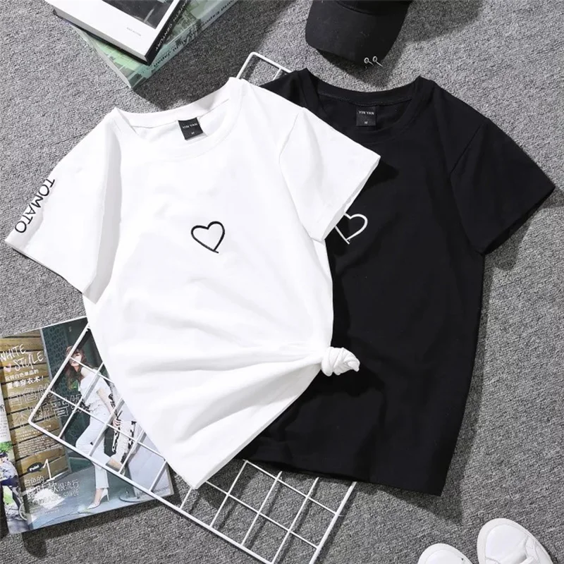 2018 Summer Couples Lovers T-Shirt For Women Casual White Tops Tshirt Women T Shirt Love Heart Embroidery Print T-Shirt Female