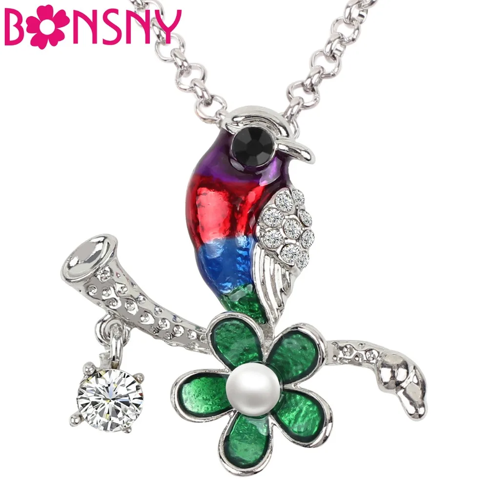 Bonsny Enamel Rhinestone Bird Flower Branches Necklace Pendant Choker