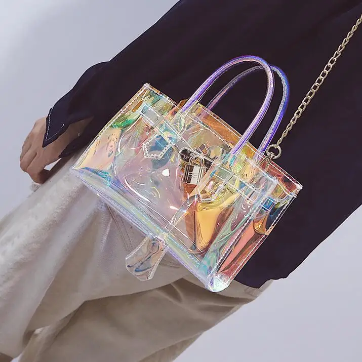 

2018 Summer Fashion New Handbag High quality PVC Women Tote bag Laser Transparent Jelly bag Sweet Chain Shoulder bags Female bag