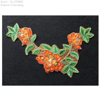 

Free Shipping 2pcs/lot x Orange/Green/Gold Flower Embroidery Sequin Beaded Stoned Lace Appliques Trim Patch Motif Collar PBNC79J