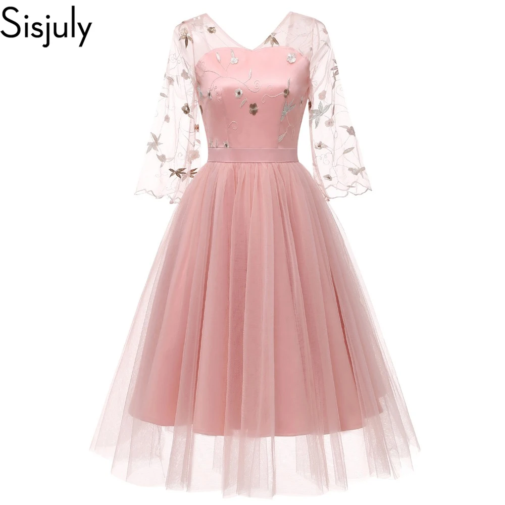 Women Spring Summer Evening Party Floral Embroidery Pink Princess Dress See Through Mesh Lace Applique Beige Backless Dresses