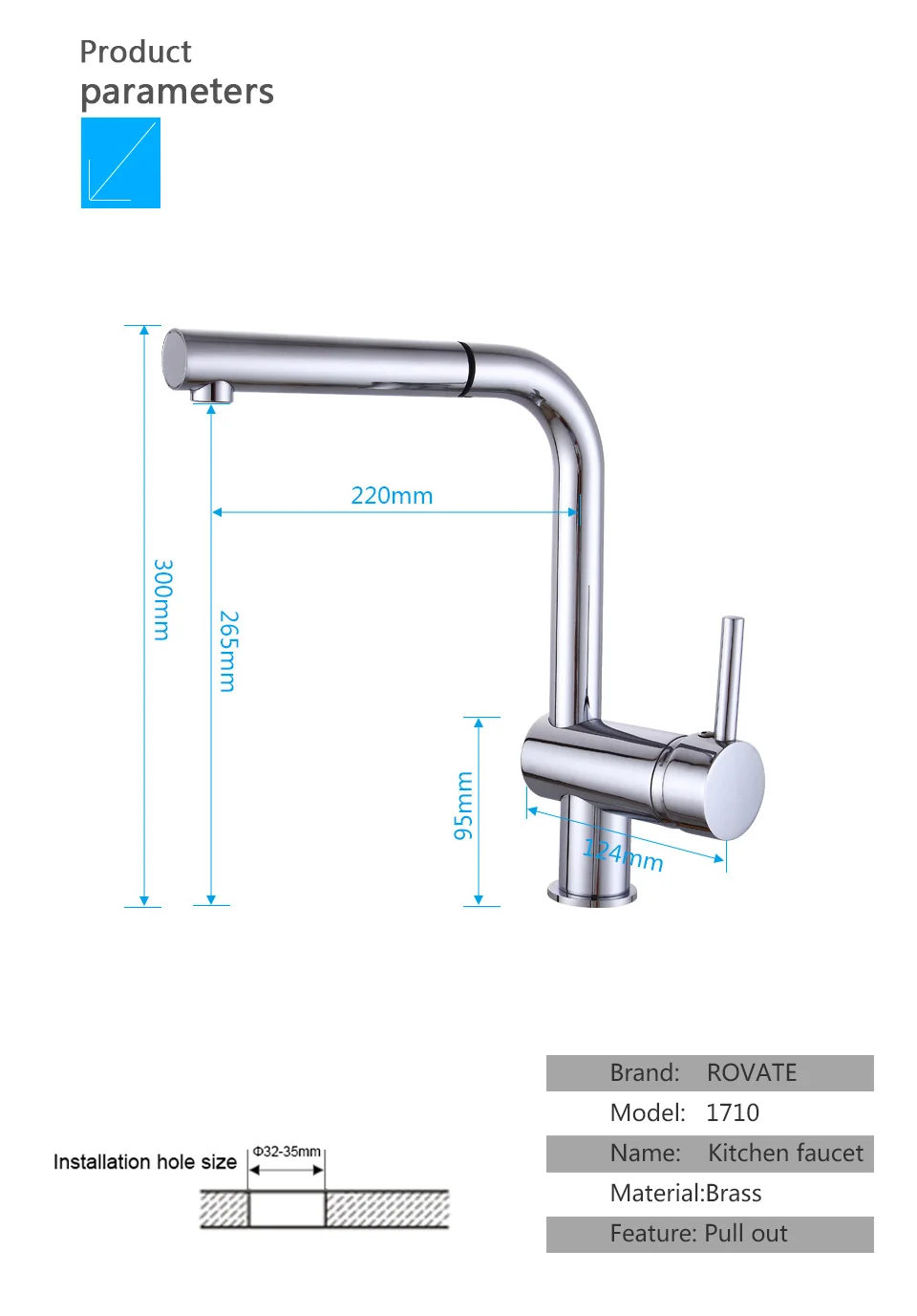 ROVATE Sink Taps Kitchen Faucet Pull out Spout Brass Chrome Single Hole Mounted Cold and Hot Mixer Rotatable Faucet