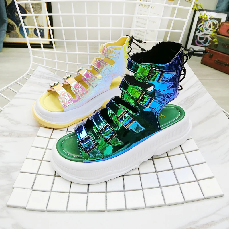 

Woman High Top Sandals 2019 Summer Fashion Patent Leather Platform Sandals For Women Summer Shoes Thick Sole Female Sandal Shoes