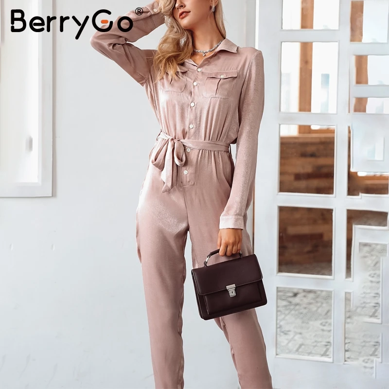 Женский комбинезон с поясом BerryGo Осенний сатиновый на кнопках длинным рукавом и