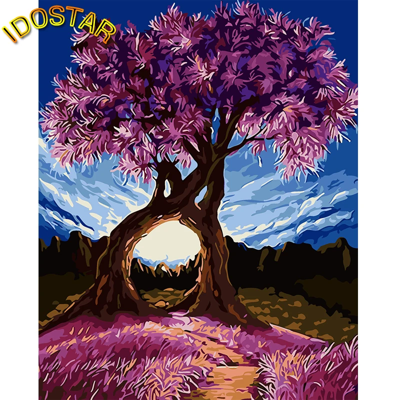 

DIY Frame purple flowers tree pictures Painting By Numbers Oil Paint Wall Art canvas arylic painting For Home Decoration