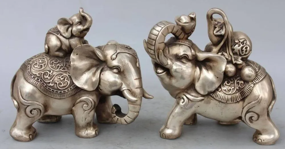 

6710688++9" Chinese Silver Auspicious Animal Elephant Heffalump Kid Calabash Ruyi Pair