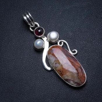 

Natural Crazy Lace Agate River Pearl and Amethyst Handmade Unique 925 Sterling Silver Pendant 2" X0378
