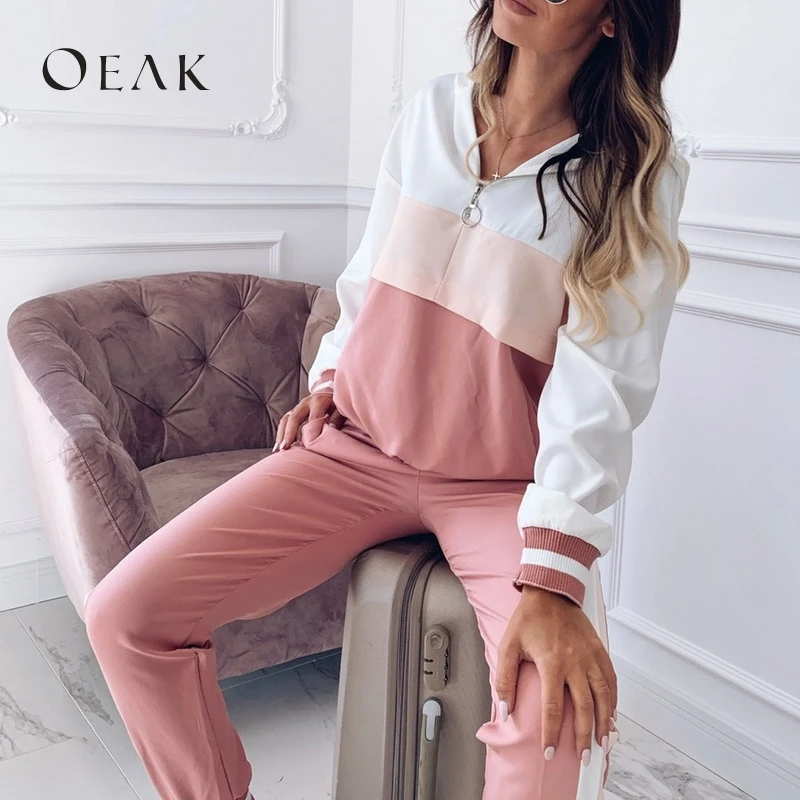 

Oeak 2019 Women's Casual Sports Set 2 Pieces New Patchwork Hoodied Long Sleeves Sweatshirt+Pants Loose Slim Fit Sportswar Suit