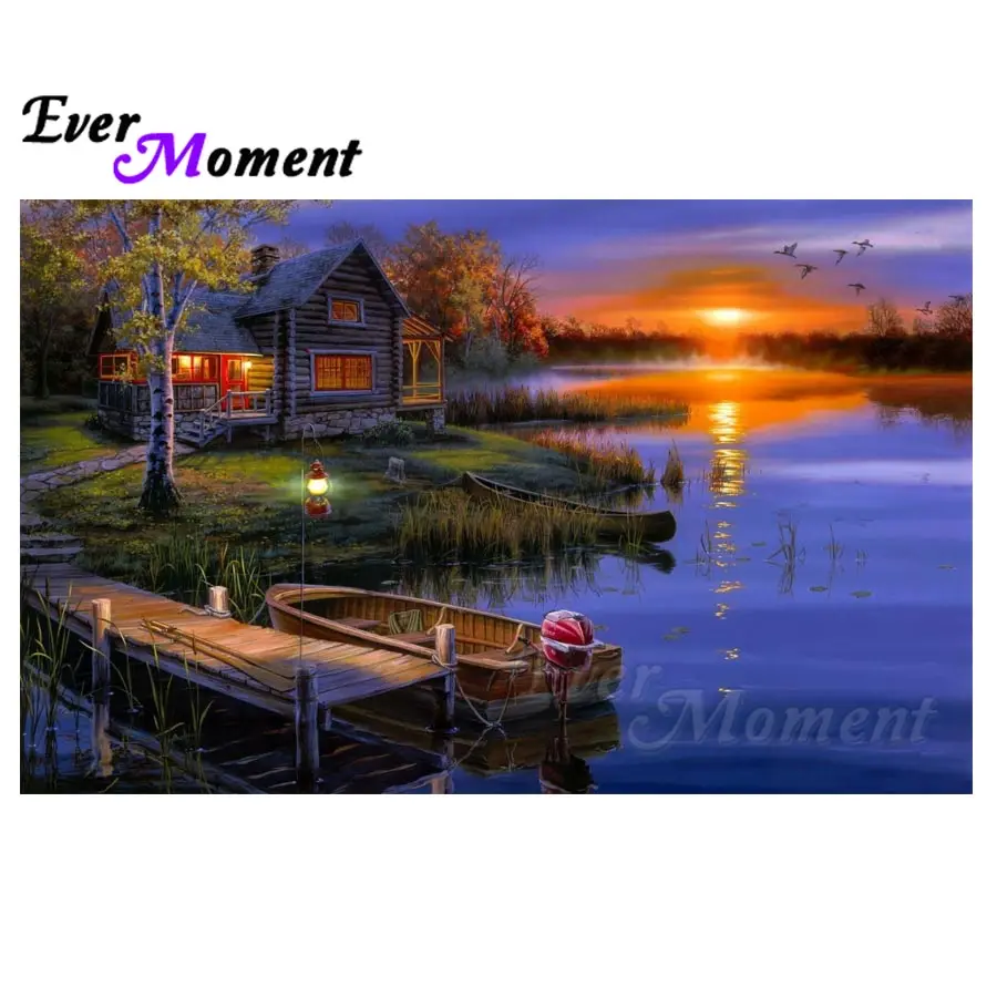 

Ever Moment Handmade Cross Stitch Diamond Painting Scenery Boat Village 5D DIY Home Decoration Diamond Embroidery S2F160