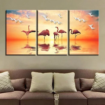 

Animal Canvas Painting Print Flamingo Sunset Beach canvas poster 3 Pieces Canvas Wall Art Picture Home Decor Unframed