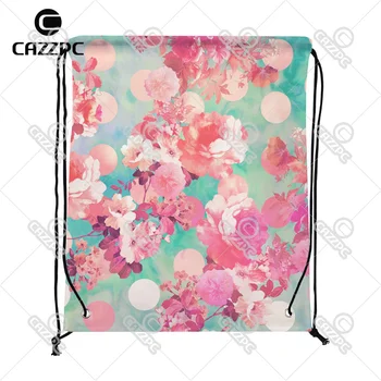 

Romantic Watercolor Pink Peony Retro Floral Teal Polka Dots Individual Nylon fabric Drawstring Backpack Gift Bag Pack of 4