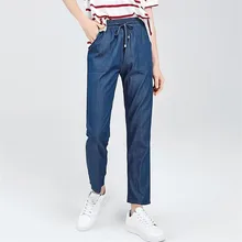 Для женщин синие джинсы мода Весна повседневное карман эластичный пояс джинсовые штаны Drawstring закатанные укороченный джинсы для женщи