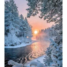 DIY алмазов картина вышивки крестом Зимний закат пейзаж Круглый rhinestone мозаичная картина 5D Алмазная вышивка снег дерево значок