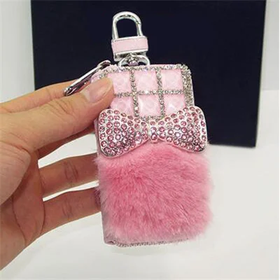 Женская сумка для ключей из натуральной кожи с бантом и бриллиантами, женская сумочка для ключей с металлической молнией, Новое поступление - Цвет: pink diamond