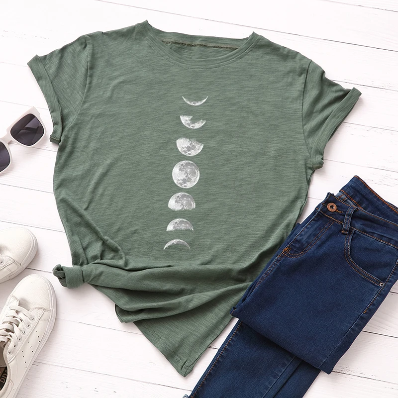 Модная футболка с принтом New Moon Planet, большие размеры, женские футболки, хлопок, круглый вырез, короткий рукав, летняя футболка, топы