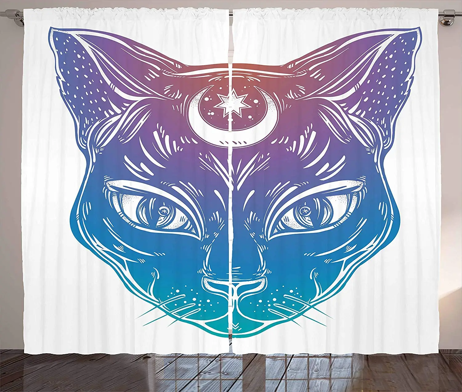 

Boho Curtains Cat Head with Moon and Star Spiritual Egyptian Design Lunar Esoteric Figure Living Room Bedroom Window Drapes