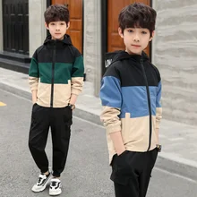 Для мальчиков школьного возраста комплект осенней одежды одежда для малышей в стиле пэчворк с длинными рукавами одинаковой расцветки и стиля, Для Мальчиков Кофты и штанов(2 шт./компл. 4, 6, 8, 10, 12, 14 лет
