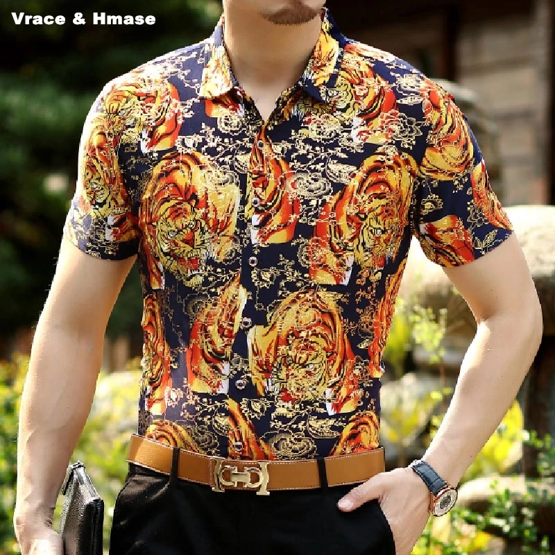 

Chinese style personality tigers pattern printing fashion short-sleeve shirt Summer 2018 soft silk cotton high-quality shirt men