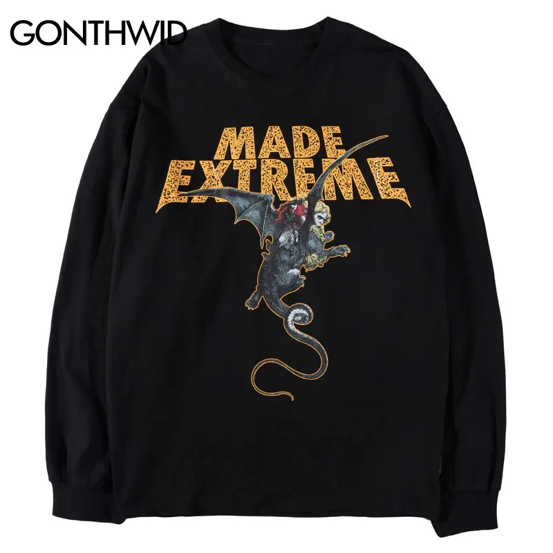 

GONTHWID Creative Illustration Print Long Sleeve Tees Shirts 2019 Men Hip Hop Casual Punk Rock Streetwear Tops Male Tshirts