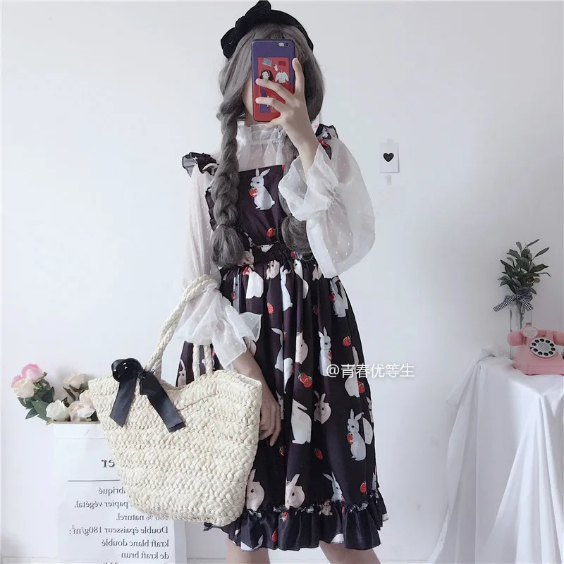 Клубника кролик печати kawaii Девушка готический платье в стиле «Лолита» Ретро kawaii платье в викторианском стиле Чай Вечерние лоли АО