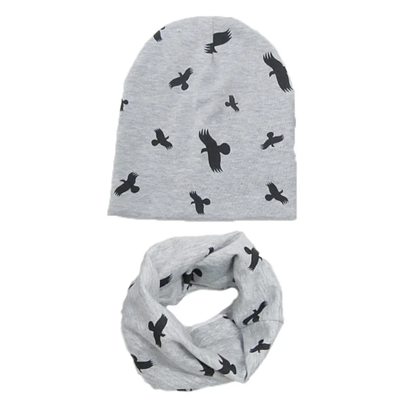 2 шт набор шапки и шарфа для детей мальчиков девочек мультфильм хлопковый материал с печатным рисунком шарфы, шапочки зимние шапки шеи теплее - Цвет: gray bird