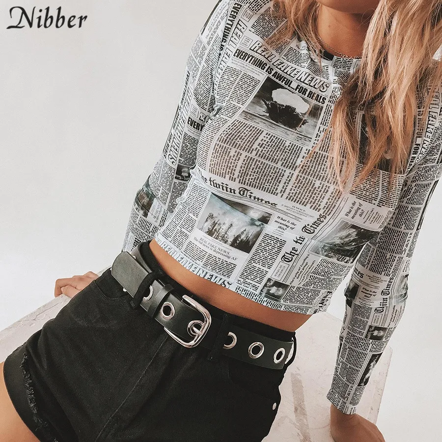 

Nibber 2019 spring full sleeve crop top womens tshirt fashion Newspaper printing Casual wear ladies Basic High street teeshirt