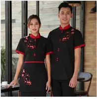 Short Sleeve Working Clothes Summer Hotel Flower Print Shirt + Apron Set Coffee Shop Waiter Uniform Cheap Restaurant Workwear