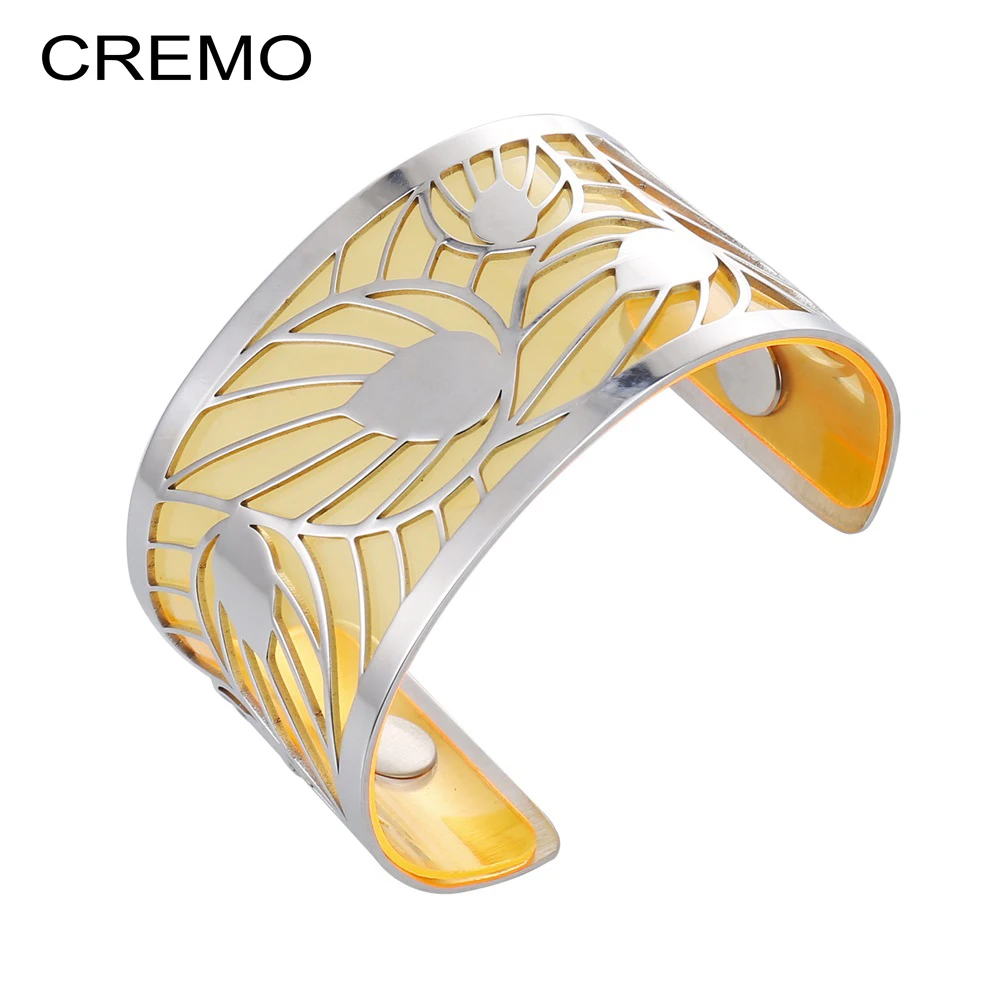 

Cremo Manchette Leaf Cuff Bangles Clear Transparent PVC Band Leather Exchange Jewelry For Woman PU Band Stainless Steel Bracelet