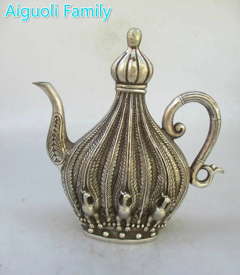 

AAA+Rare Old Tibet Silver Carved 6 Phoenix Big Tea Pot /Art Pot Craft For Home Decoration Antique Collection