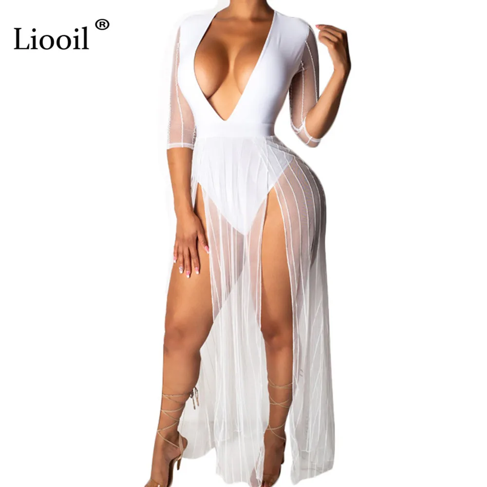 

Liooil See Through Mesh Slit Maxi Dress Women Clothes 2019 High Waist Plus Size Club Dress V Neck Black Party Sexy Long Dresses