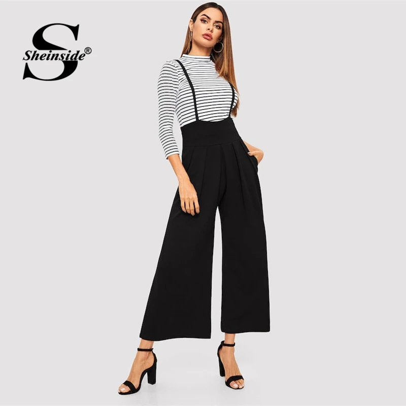 

Sheinside Black Pleated Wide Leg Pants Women Spring Casual High Waist Zipper Pants 2019 Office Lady Workwear Solid Pants