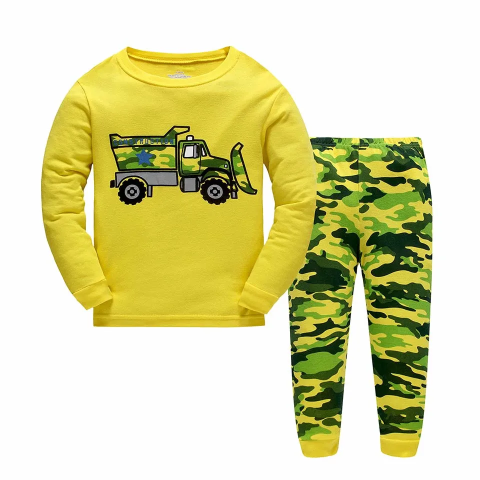 Long Sleeve Pajamas for Boys Cotton Yellow Vehicle Fashion Pajama