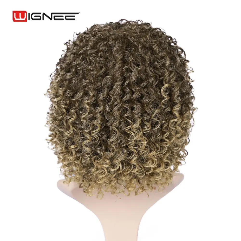 Wignee блонд парик с челкой высокая температура человеческие кудрявые волосы парик синтетические парики для черных женщин афро-американские натуральные парики